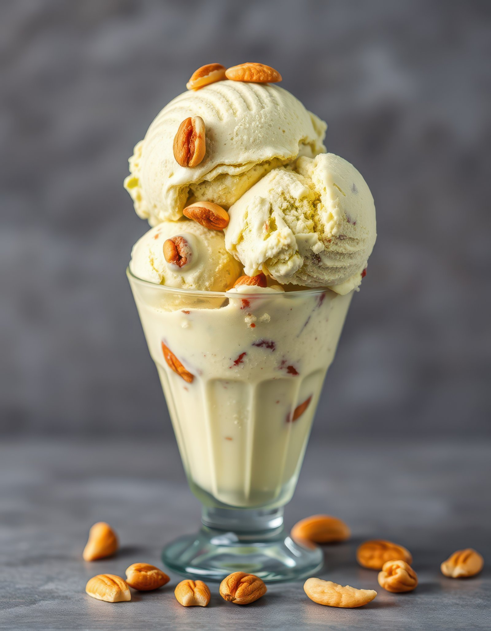 Ice cream sundae topped with nuts served in a tall glass dessert dish